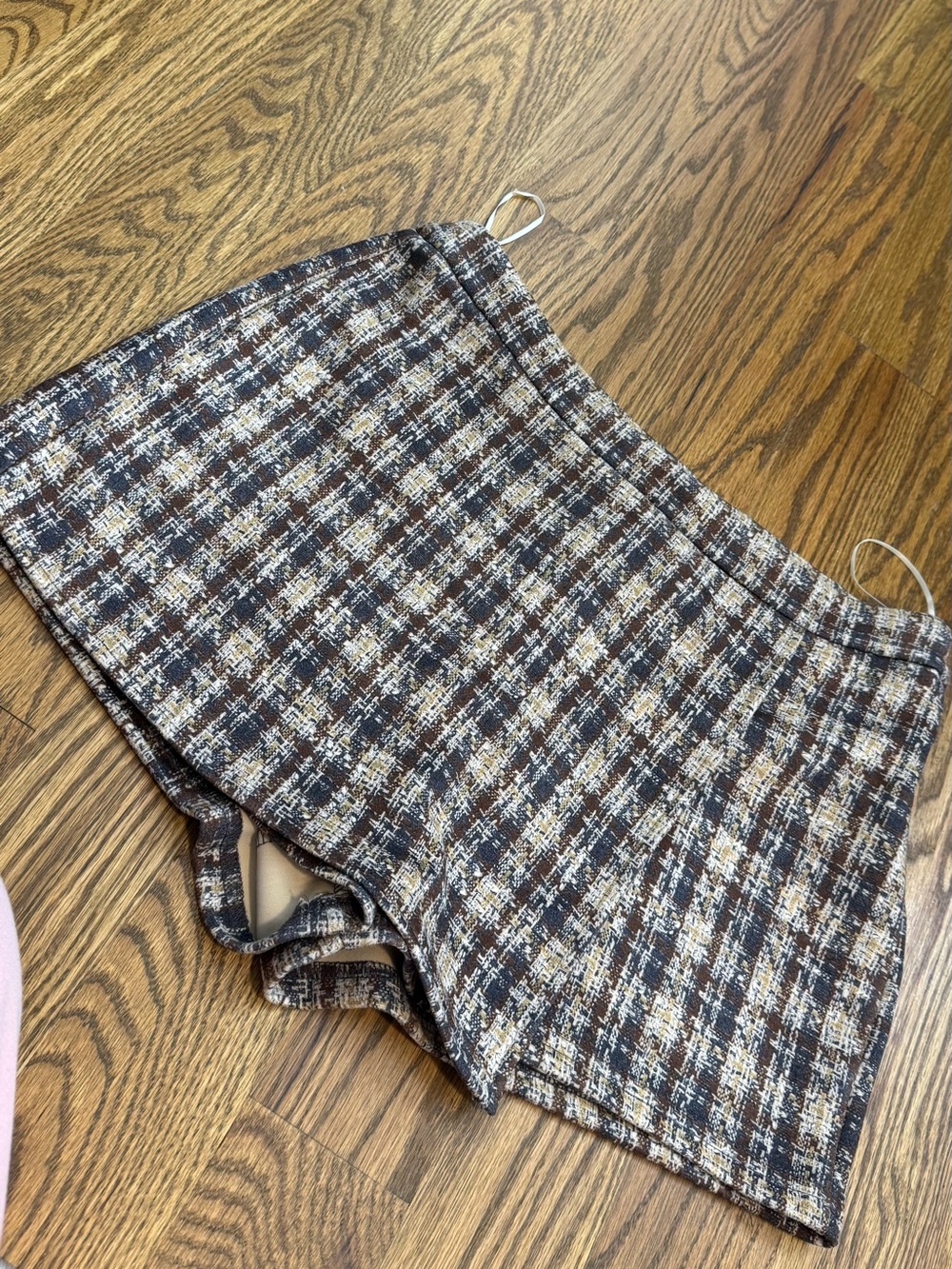High-Rise Plaid Tweed Skort in Brown & Cream
